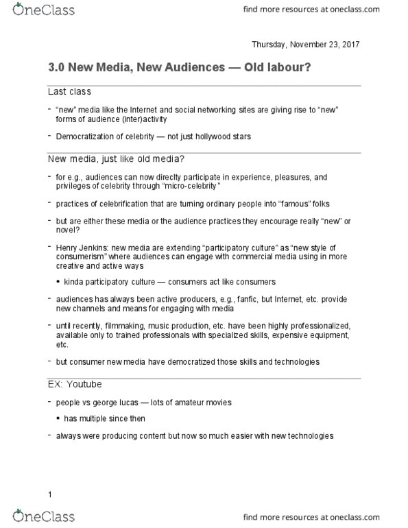 CMST 3K03 Lecture Notes - Lecture 19: New Media, Participatory Culture, Consumerism thumbnail