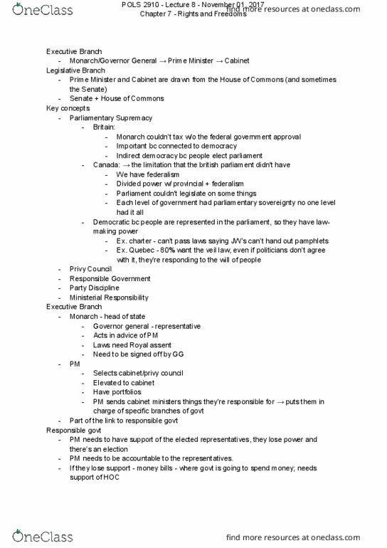 POLS 2910 Lecture Notes - Lecture 8: Parliamentary Sovereignty, Section 33 Of The Canadian Charter Of Rights And Freedoms, Simone Veil thumbnail