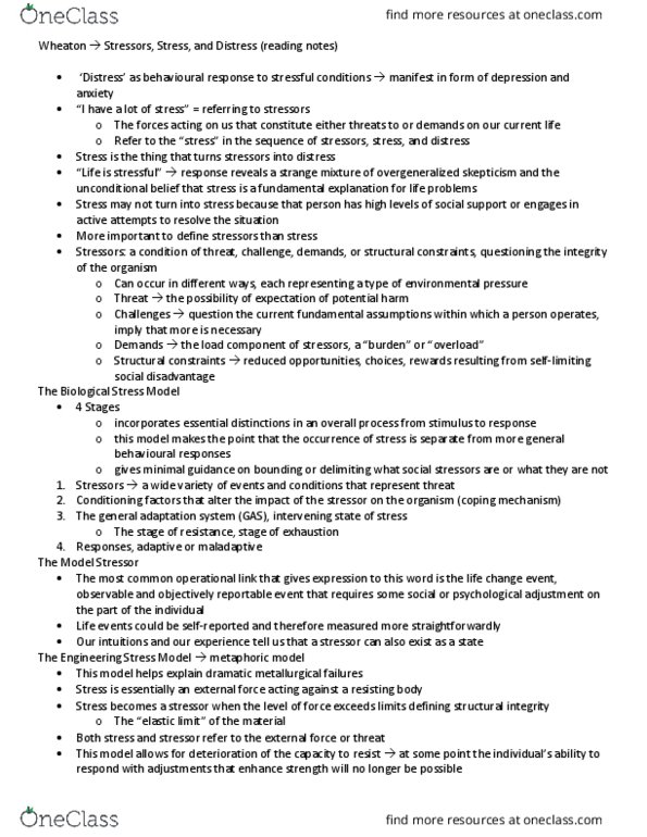 SOC318H5 Lecture Notes - Lecture 2: Stressor, Internal Control, Allostatic Load thumbnail