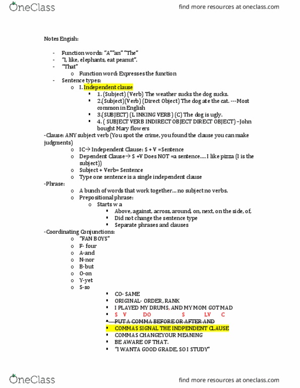 EN 101 Lecture Notes - Lecture 6: Adpositional Phrase, Independent Clause, Function Word thumbnail