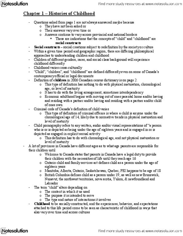 SOSC 1800 Chapter Notes - Chapter 1: Canada 2006 Census, Child Pornography, Preadolescence thumbnail