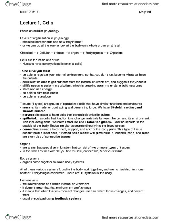 KINE 2011 Lecture Notes - Lecture 1: Biological System, Homeostasis, Organism thumbnail