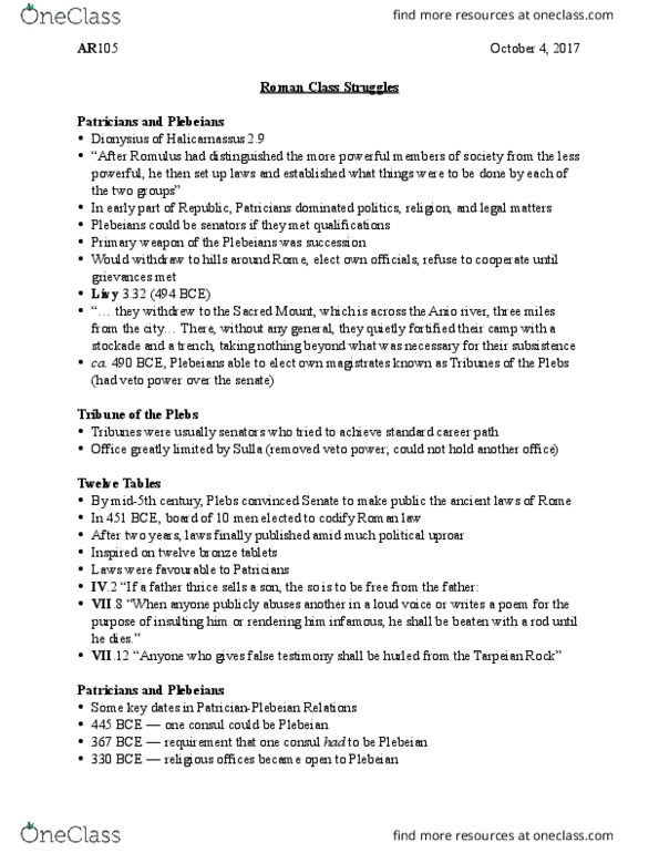 AR105 Lecture Notes - Lecture 7: Tarpeian Rock, Plebs, Twelve Tables thumbnail