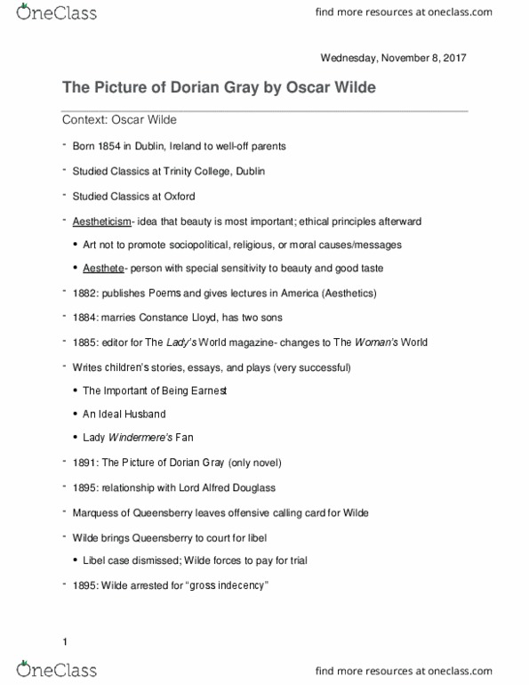 CMLIT 130 Lecture 27: The Picture of Dorian Gray Notes thumbnail