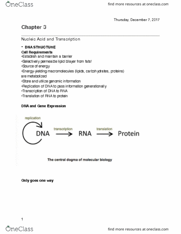 BI110 Chapter Notes - Chapter 3: Lipid Bilayer, Transcription (Genetics), Dna Replication thumbnail