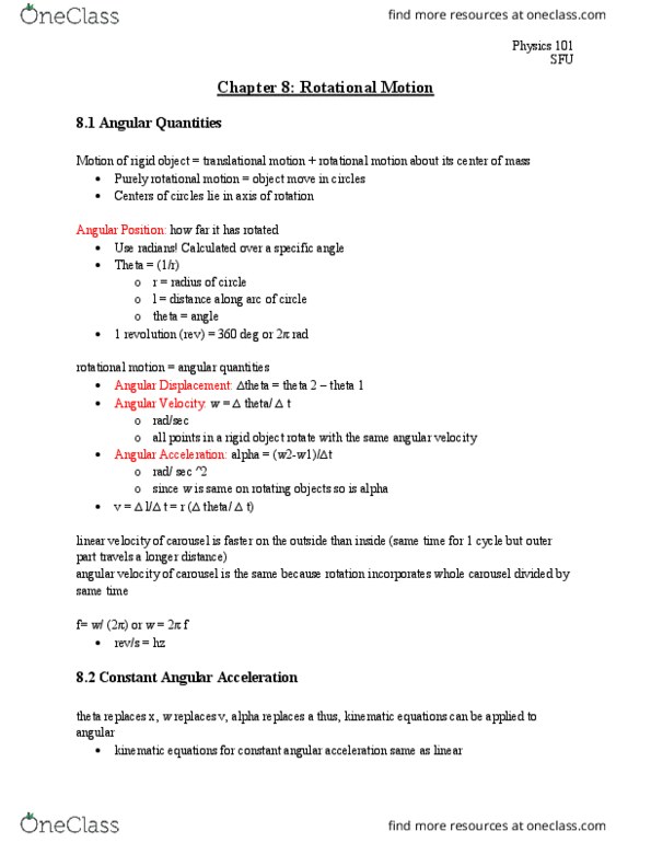 PHYS 101 Chapter Notes - Chapter 8: Angular Velocity, Angular Acceleration, Vacuum Angle thumbnail