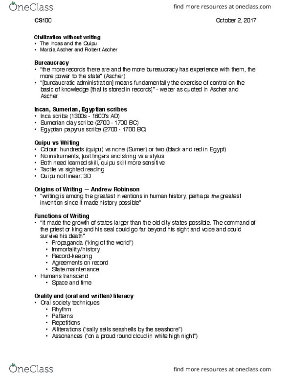 CS100 Lecture Notes - Lecture 4: Orality, Mnemonic, Human Condition thumbnail