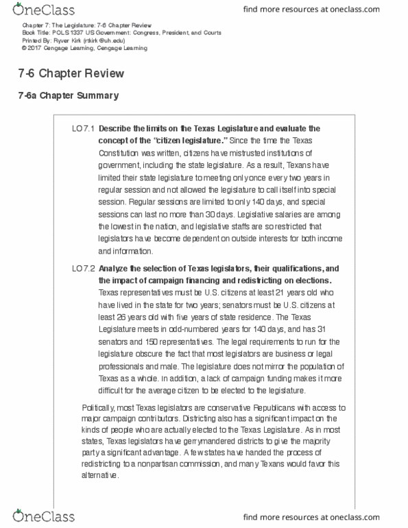POLS 1337 Chapter Notes - Chapter 17: Cengage Learning, Gerrymandering, Sunset Advisory Commission thumbnail
