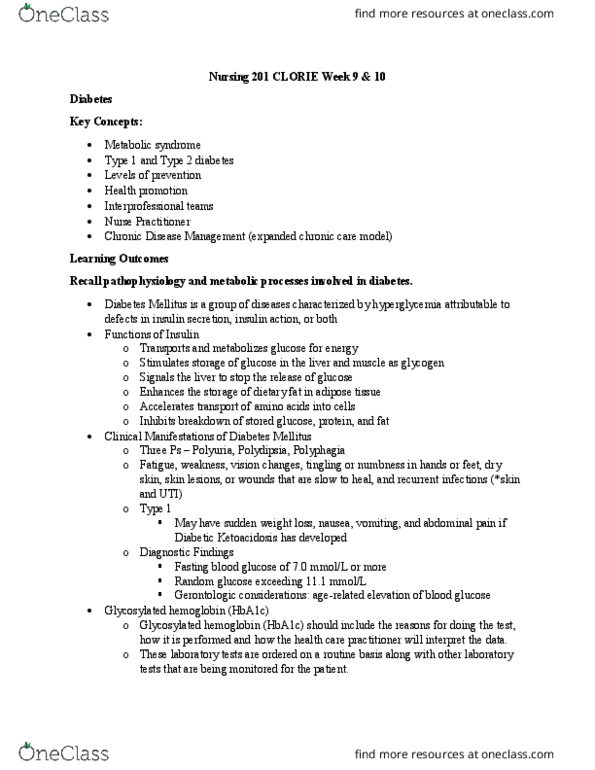 NURS201 Lecture Notes - Lecture 9: Autonomic Neuropathy, Neuropathic Pain, Diabetes Mellitus Type 2 thumbnail