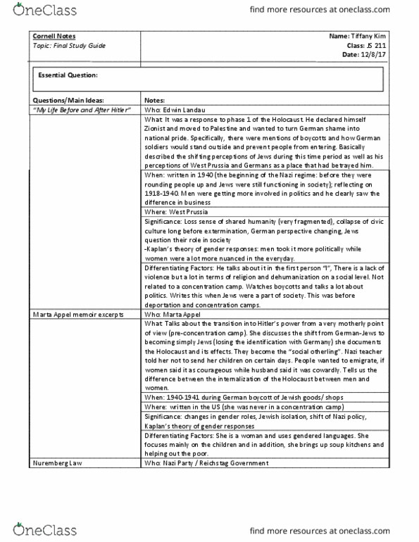 JS 211gw Lecture Notes - Lecture 4: Nuremberg Laws, Heredity, Jan Karski thumbnail