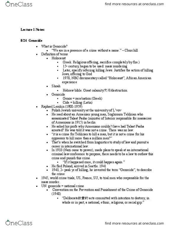 JS 211gw Lecture Notes - Lecture 1: Talaat Pasha, Raphael Lemkin, Soghomon Tehlirian thumbnail
