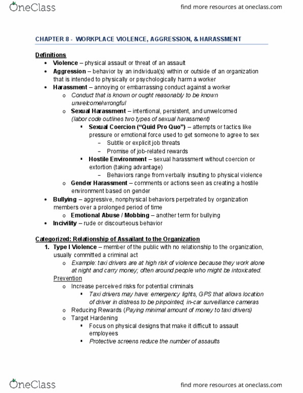 MHR 711 Lecture Notes - Lecture 8: Hostile Work Environment, Workplace Violence, Extortion thumbnail