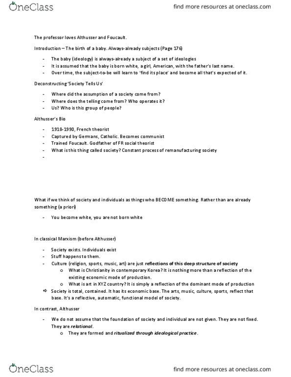 CAS350H1 Lecture Notes - Lecture 6: Louis Althusser, Deep Structure And Surface Structure, Bad Subjects thumbnail