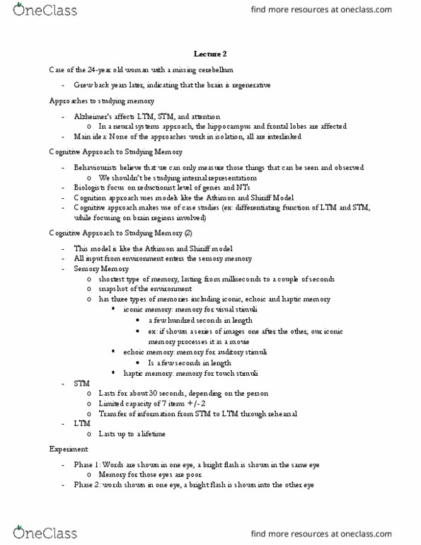 PSY372H5 Lecture Notes - Lecture 2: Echoic Memory, Iconic Memory, Sensory Memory thumbnail