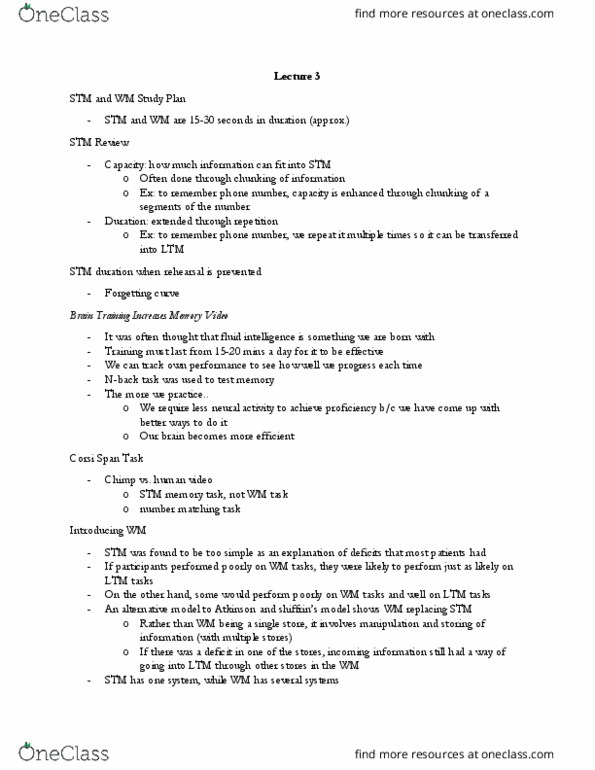 PSY372H5 Lecture Notes - Lecture 3: Change Detection, Forgetting Curve, Fluid And Crystallized Intelligence thumbnail