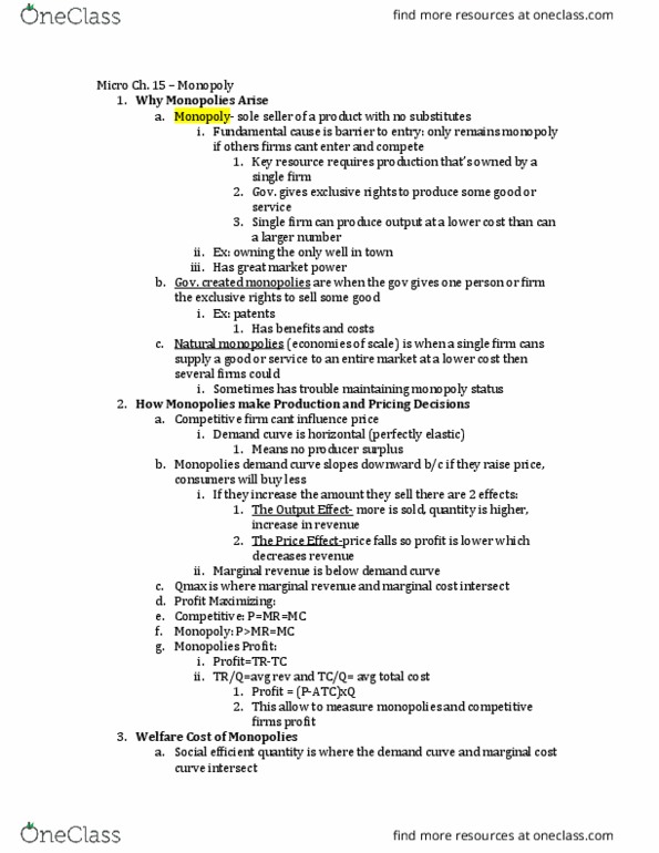 ECON 0100 Chapter Notes - Chapter 15: Marginal Revenue, Demand Curve, Marginal Cost thumbnail