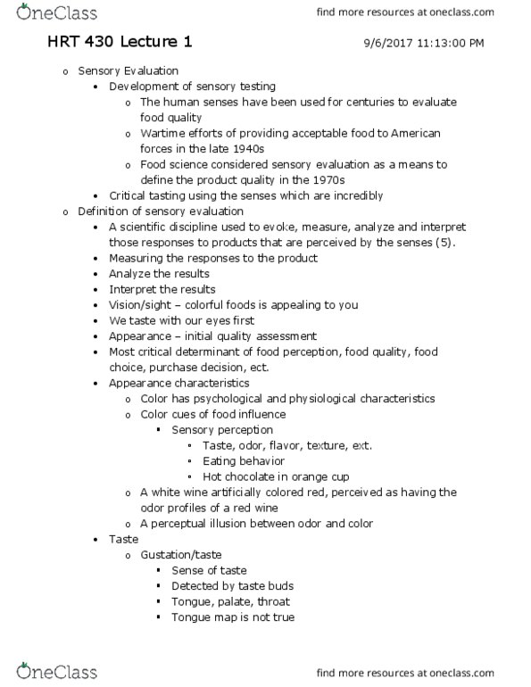 HRT 430 Lecture Notes - Lecture 1: Sensory Analysis, Anosmia, Tongue Map thumbnail