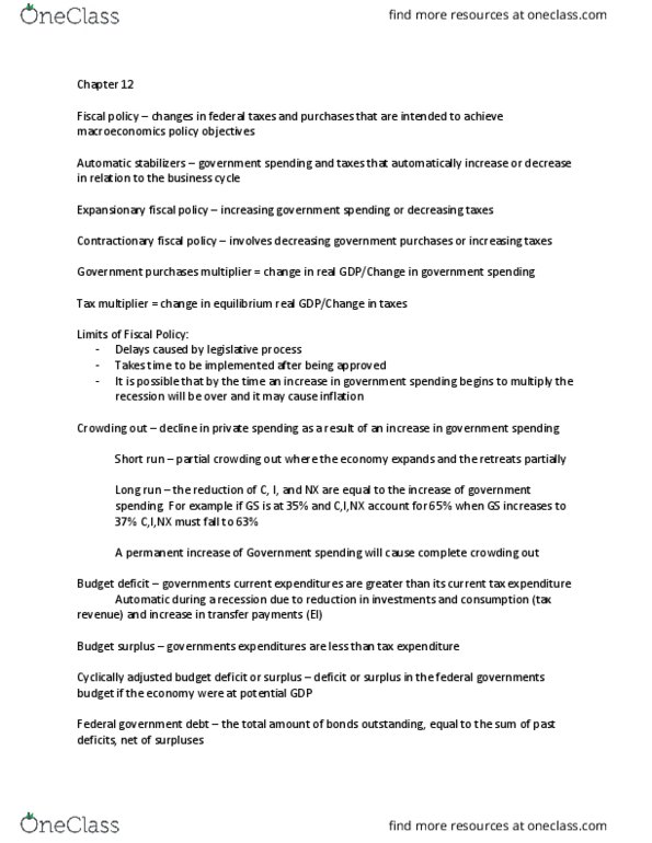 ECON 1100 Lecture Notes - Lecture 11: Tax Wedge, Fiscal Policy, Government Spending thumbnail