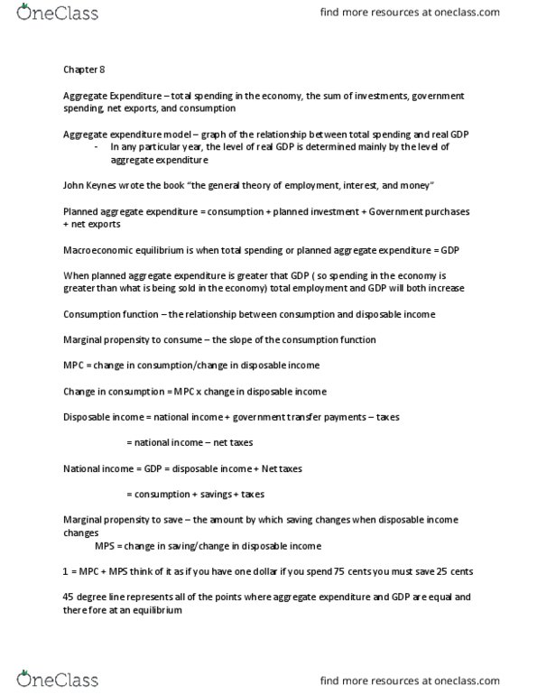 ECON 1100 Lecture Notes - Lecture 7: Disposable And Discretionary Income, Consumption Function thumbnail