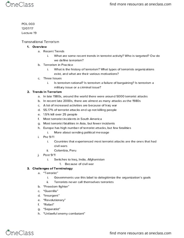 POL 3 Lecture Notes - Lecture 19: Linnean Society Of London, Eta (Separatist Group), Sicarii thumbnail