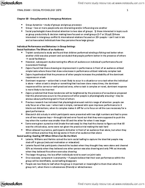 Psychology 2070A/B Chapter Notes - Chapter 10&11: Social Loafing, Alternative Culture, Group Cohesiveness thumbnail