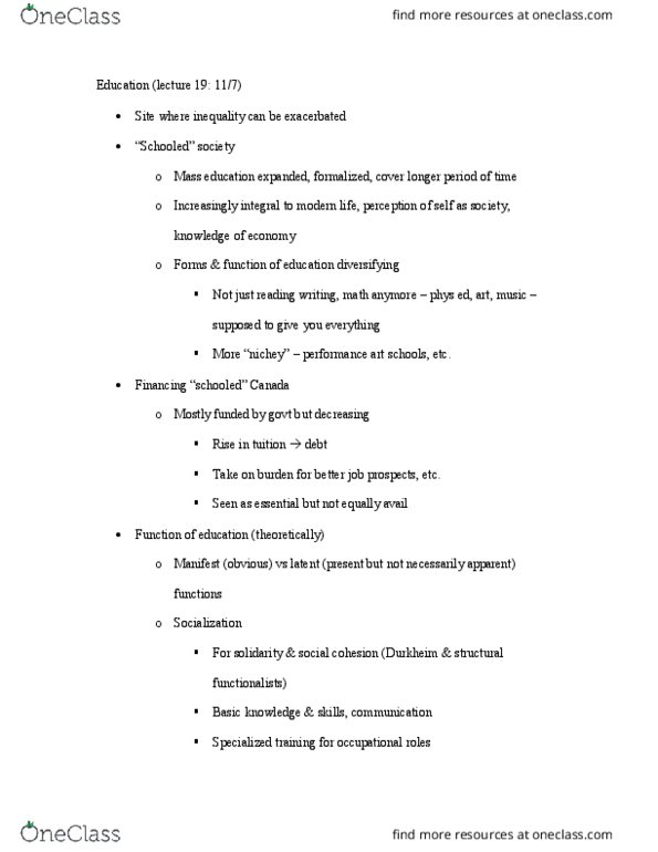 SOCI 210 Lecture Notes - Lecture 19: Structural Functionalism, Sr V Schools Class, Human Capital thumbnail