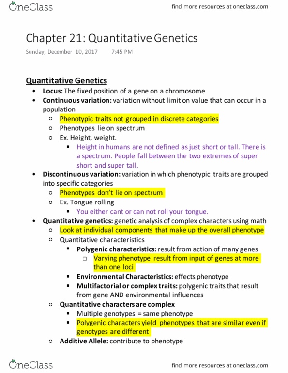 GEN-3000 Chapter Notes - Chapter 21: Quantitative Genetics, Probability Distribution, Phenotype thumbnail