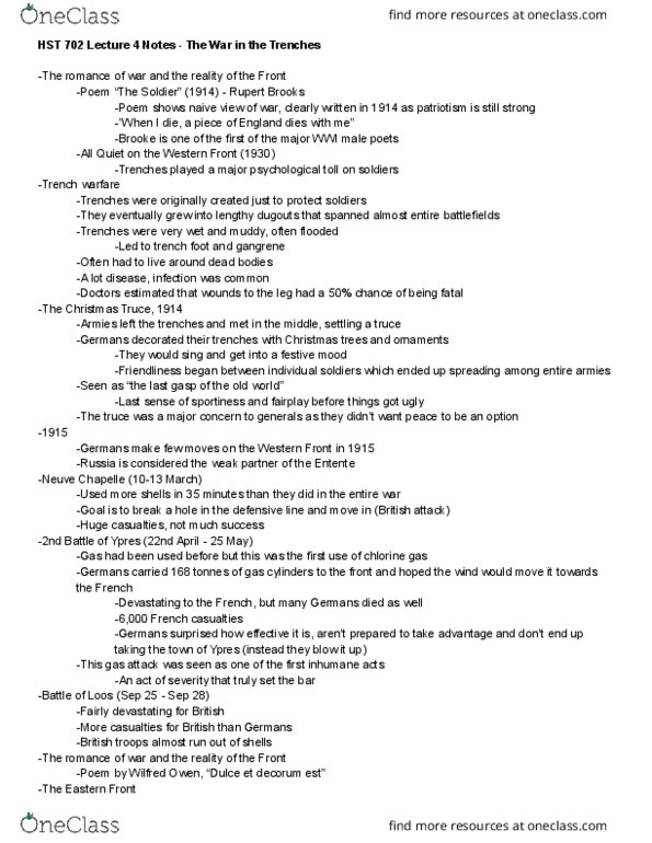 HST 702 Lecture Notes - Lecture 4: Christmas Truce, Trench Warfare, Trench Foot thumbnail