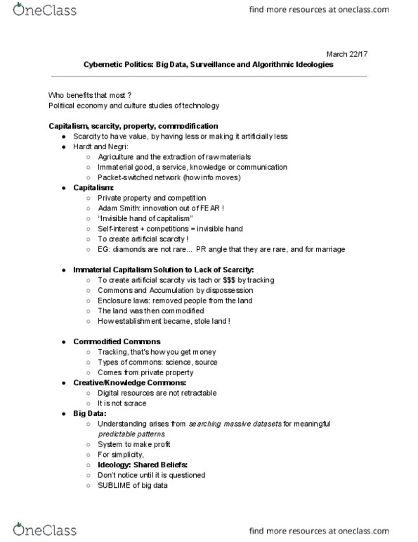 Media, Information and Technoculture 1020E Lecture Notes - Lecture 10: Artificial Scarcity, Big Data, Invisible Hand thumbnail