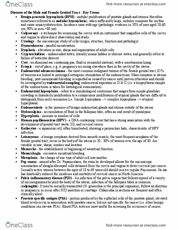 Pathology 2420A Lecture Notes - Lecture 10: Squamous Intraepithelial Lesion, Cervical Intraepithelial Neoplasia, Endometrial Hyperplasia thumbnail