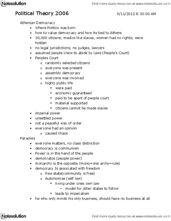 POLSCI 2O06 Lecture Notes - Athenian Democracy, Enquire, Polemarchus thumbnail