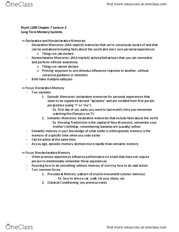 PSYC 1200 Lecture Notes - Lecture 2: Semantic Memory, Episodic Memory, Motor Learning thumbnail