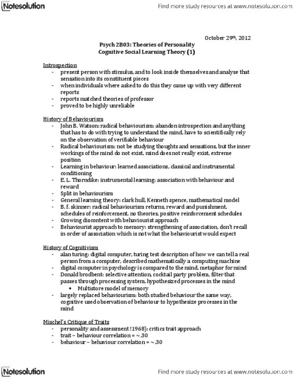 PSYCH 2B03 Lecture Notes - Social Learning Theory, Kenneth Spence, Clark L. Hull thumbnail