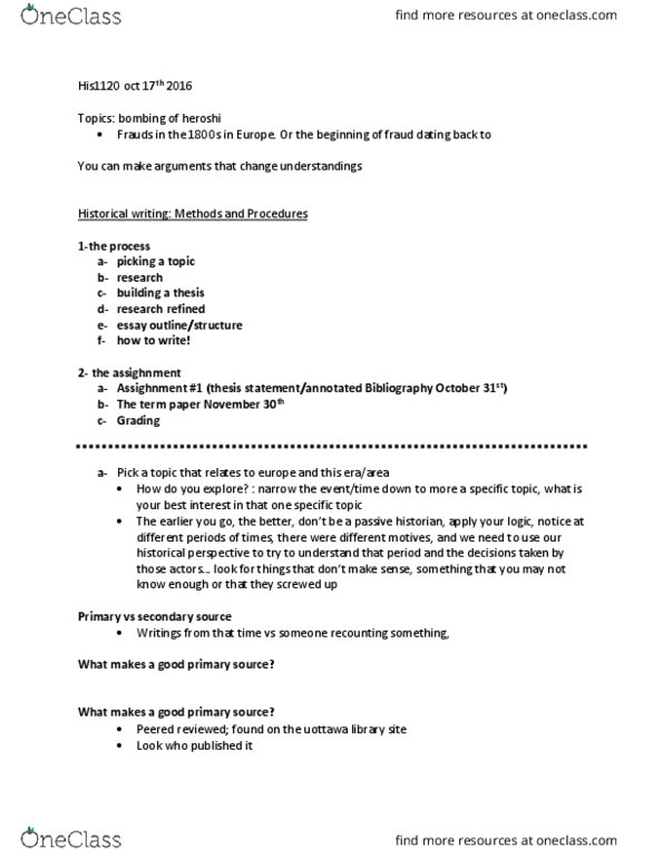 HIS 1120 Lecture Notes - Lecture 5: Thesis Statement, Secondary Source, Writing Center thumbnail