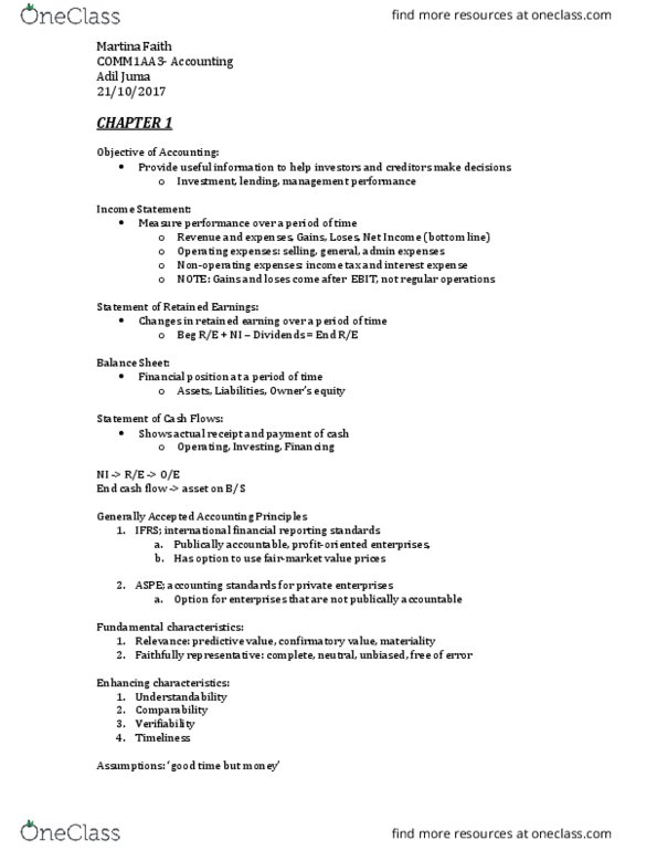 COMMERCE 1AA3 Lecture Notes - Lecture 1: Cash Flow Statement, Retained Earnings, Cash Flow thumbnail