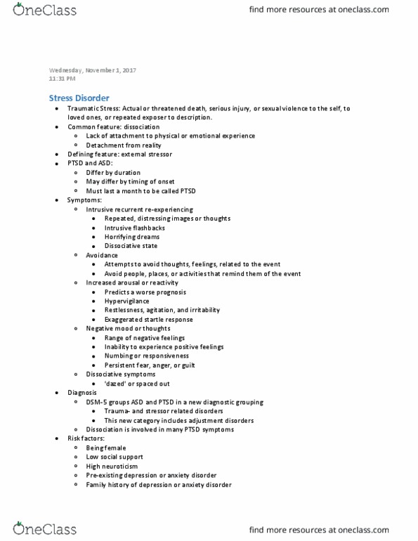 STAT 0200 Lecture Notes - Lecture 12: Anxiety Disorder, Startle Response, Adjustment Disorder thumbnail