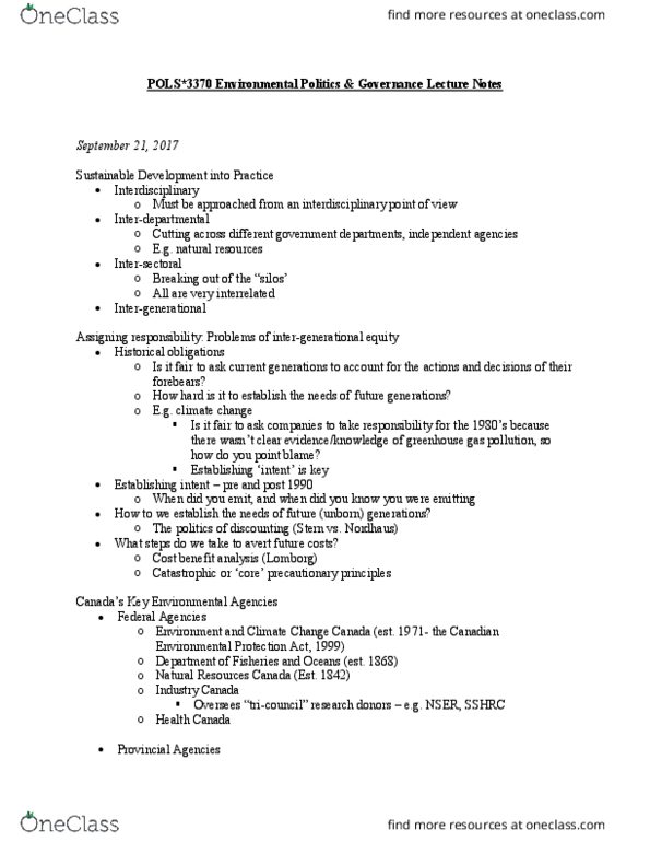 POLS 3370 Lecture Notes - Lecture 4: Canadian Environmental Protection Act, 1999, Natural Resources Canada, Intergenerational Equity thumbnail
