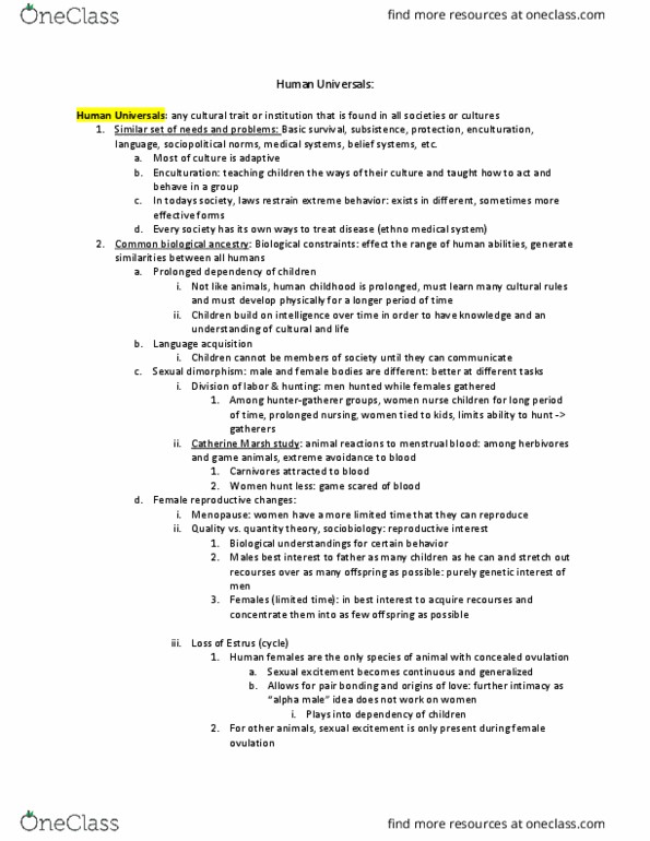 ANTH 205 Lecture Notes - Lecture 8: Concealed Ovulation, Tabula Rasa, Extreme Behavior thumbnail