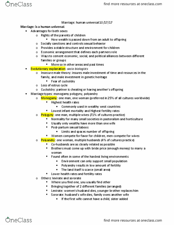 ANTH 205 Lecture Notes - Lecture 6: Bride Price, Cuckold, Estrous Cycle thumbnail