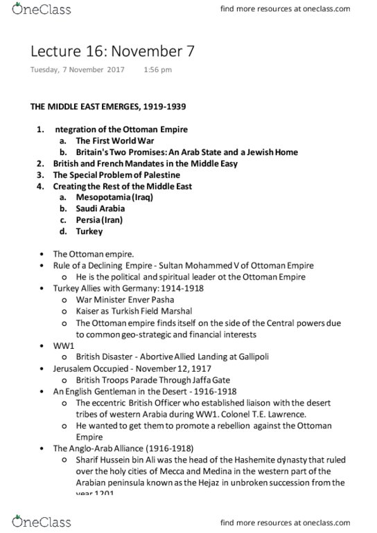 CAS IR 349 Lecture Notes - Lecture 16: Hussein Bin Ali, Sharif Of Mecca, Enver Pasha, Jaffa Gate thumbnail