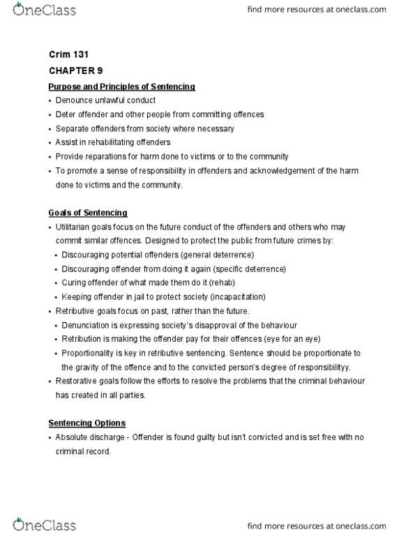 CRIM 131 Chapter Notes - Chapter 9: Suspended Sentence, Conditional Sentence, Dangerous Offender thumbnail