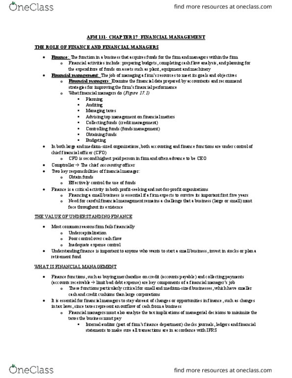 AFM131 Chapter 17: Chapter 17 - Financial Management thumbnail