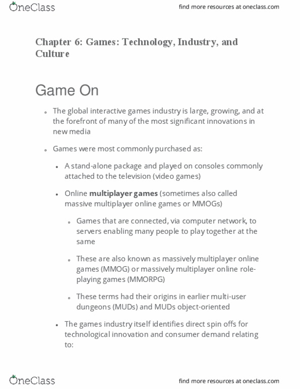 CCT109H5 Chapter Notes - Chapter 6: Multiplayer Video Game, Massively Multiplayer Online Game, Serious Game thumbnail