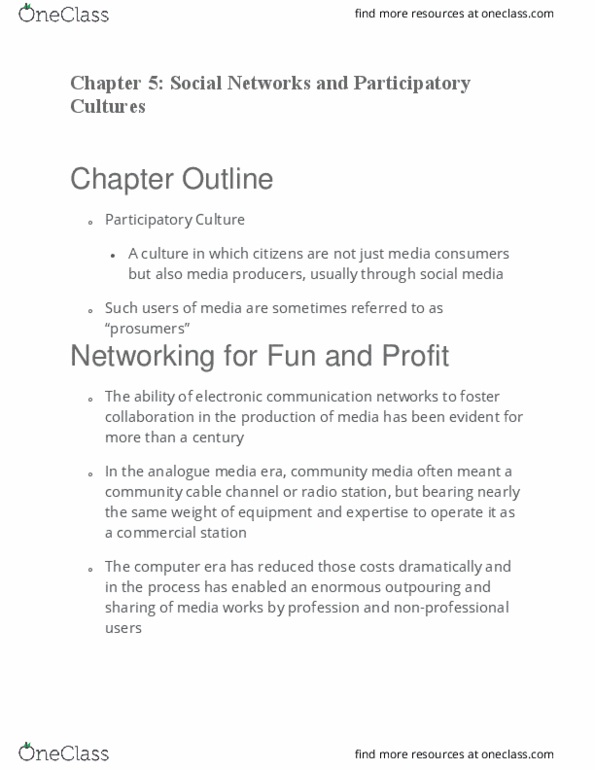 CCT109H5 Chapter Notes - Chapter 5: Participatory Media, Prosumer, Social Network thumbnail