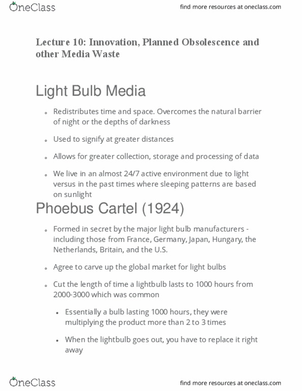 CCT109H5 Lecture Notes - Lecture 10: Phoebus Cartel, Electric Light, Anomie Belle thumbnail