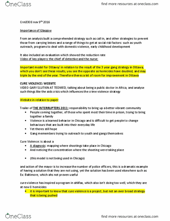 CRM 3308 Lecture Notes - Lecture 7: Cure Violence thumbnail