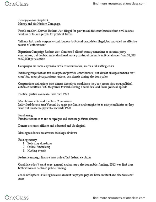 PO SC 4420 Chapter Notes - Chapter 1: Pendleton Civil Service Reform Act, Bipartisan Campaign Reform Act, Tillman Act Of 1907 thumbnail
