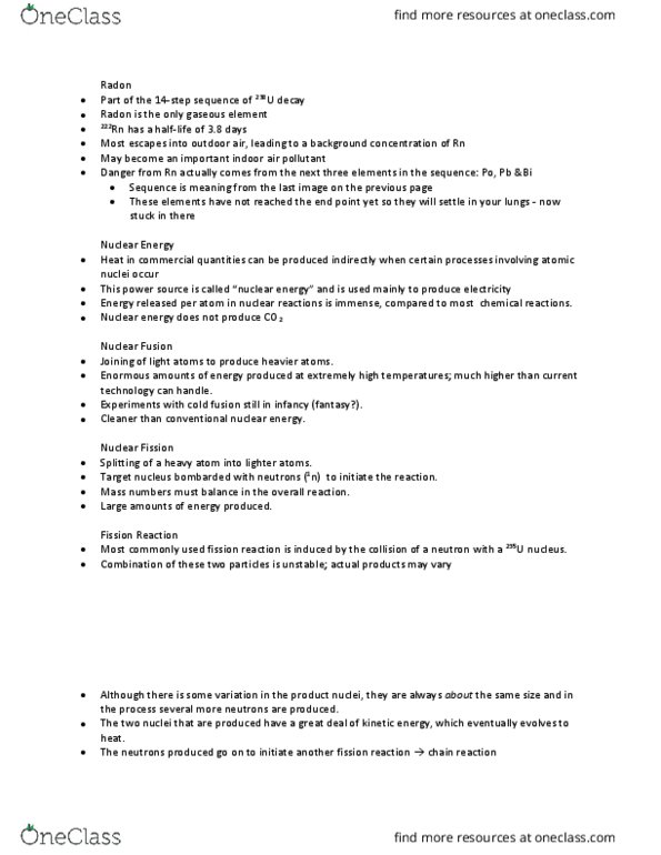 Chemistry 2210A/B Lecture Notes - Lecture 20: Nuclear Fission, Isotopes Of Radon, Radon thumbnail