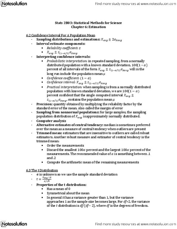 STATS 2B03 Chapter Notes - Chapter 6: Confidence Interval, Standard Deviation, Sampling Distribution thumbnail