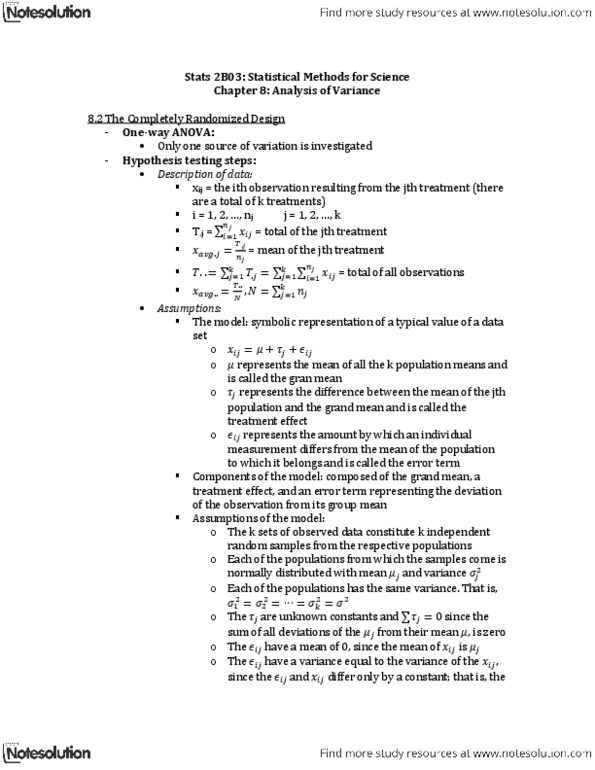 STATS 2B03 Chapter Notes - Chapter 8: Analysis Of Variance, Statistical Hypothesis Testing, Test Statistic thumbnail